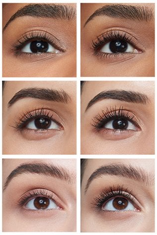Three rows of before after images of Eyes with and without mascara