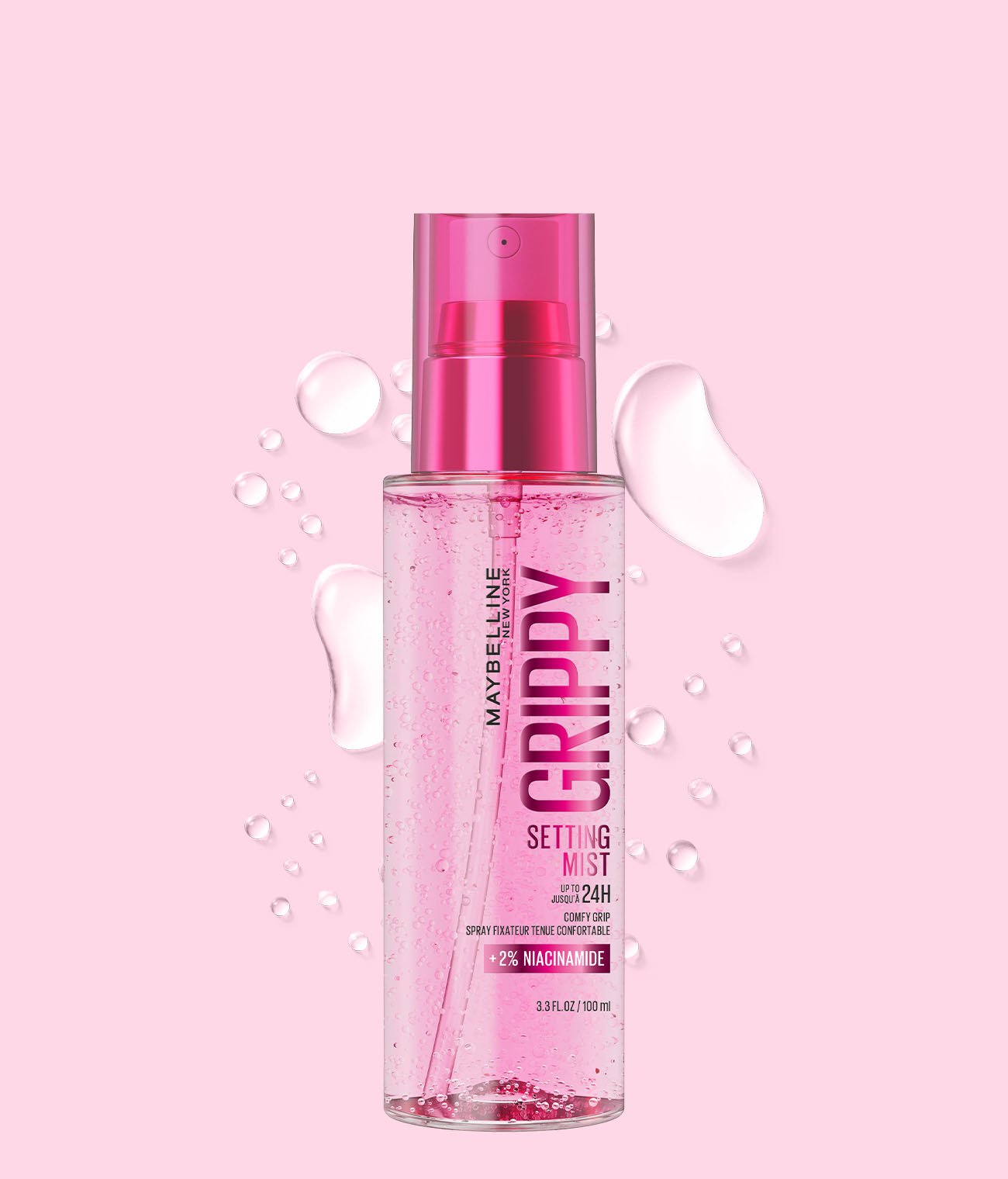 Maybelline Grippy setting mist packshot and texture polaroid