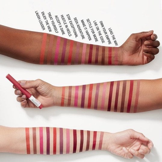 3 women’s arms, all with different skin tones and undertones, with differing shades of Maybelline’s SuperStay Ink Crayon Lipstick Matte Longwear Lipstick Makeup on.m