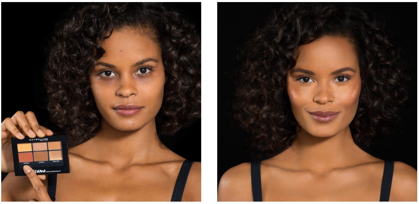 Before and after picture of a woman using Maybelline Camo