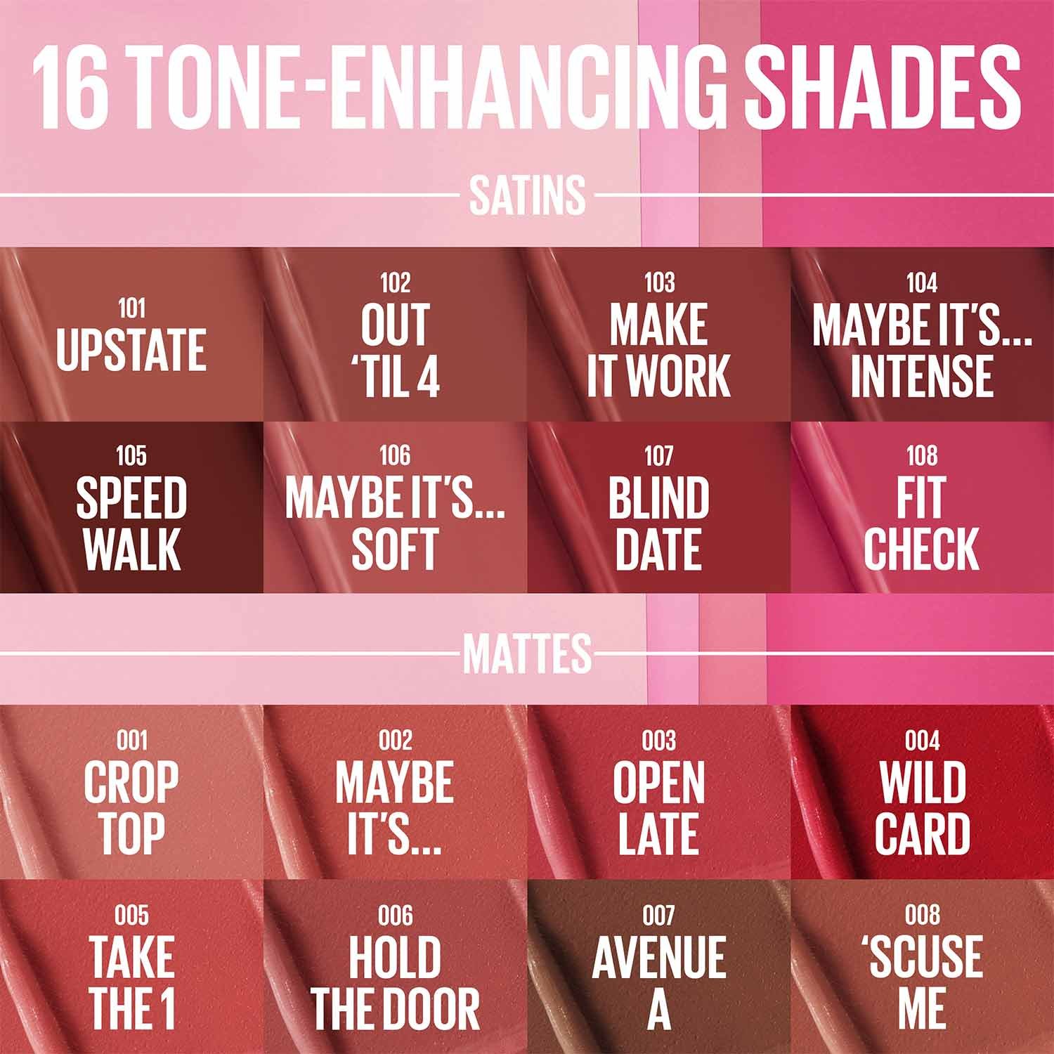 A shot of 16 shades of Maybelline’s Serum Lipstick on a pink background