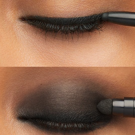 Smoky brown eye makeup for hazel eyes with bold liner and volumising mascara.
