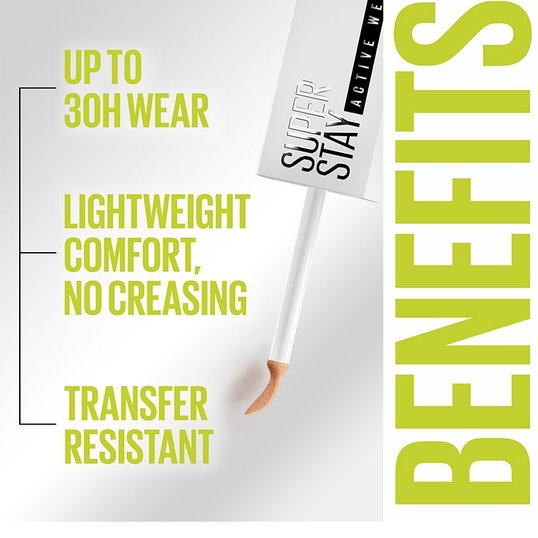 Promotional shot showcasing the benefits of Maybelline’s Super Stay 30H Full Coverage Concealer. Text reads: UP TO 30 HOURS WEAR/ LIGHTWEIGHT COMFORT NO CREASING/ TRANSFER RESISTANT.
