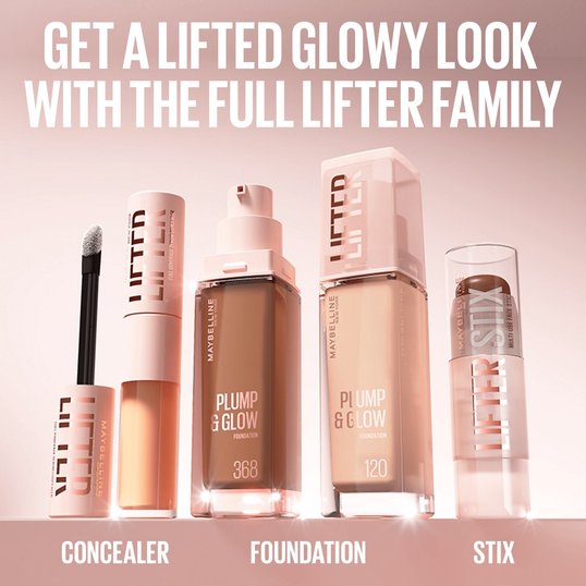A promotional shot showing Maybelline’s Lifter range products, including: Lifter Concealer, Lifter Foundation, and Lifter Stix. Text reads: GET A LIFTED GLOWY LOOK WITH THE FULL LIFTER FAMILY.