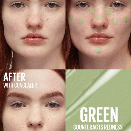 Diagram showing how to use green colour corrector to balance out redness and irritation on a woman’s skin.