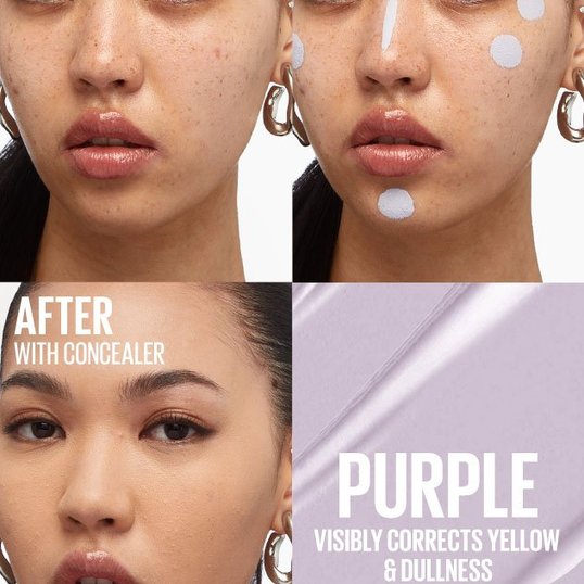 Diagram demonstrating how purple colour corrector can be used to balance out yellow and dull skin tones on a young woman’s face.