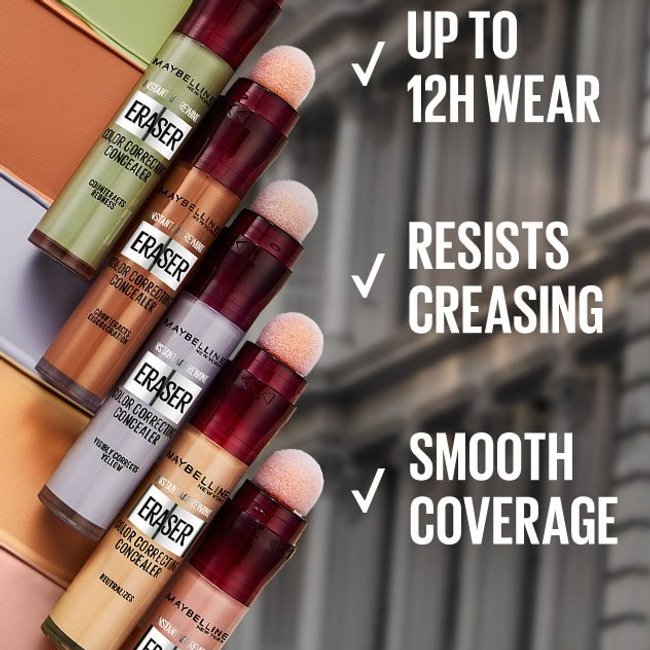 Product shot showing the full colour range of Maybelline’s Instant Eraser Colour Correcting Concealer. Text reads: UP TO 12H WEAR / RESISTS CREASING / SMOOTH COVERAGE
