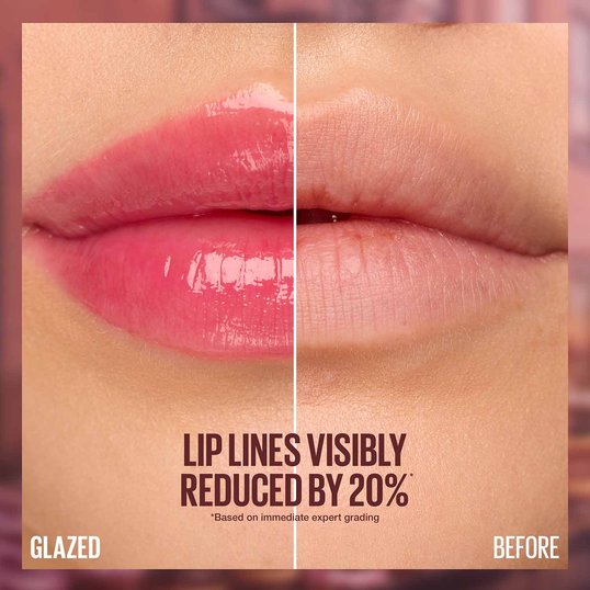 A before and after shot of lips when using Maybelline’s Lifter Glaze Lip Balm. Lips are visibly plumper, smoother, and glossier.