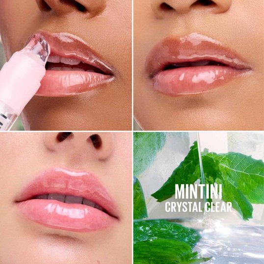 A close-up shot of 3 sets of fuller-looking lips, al of which are using Maybelline’s Mintini Crystal Clear Lifter Gel Lip Oil-in-Gel.