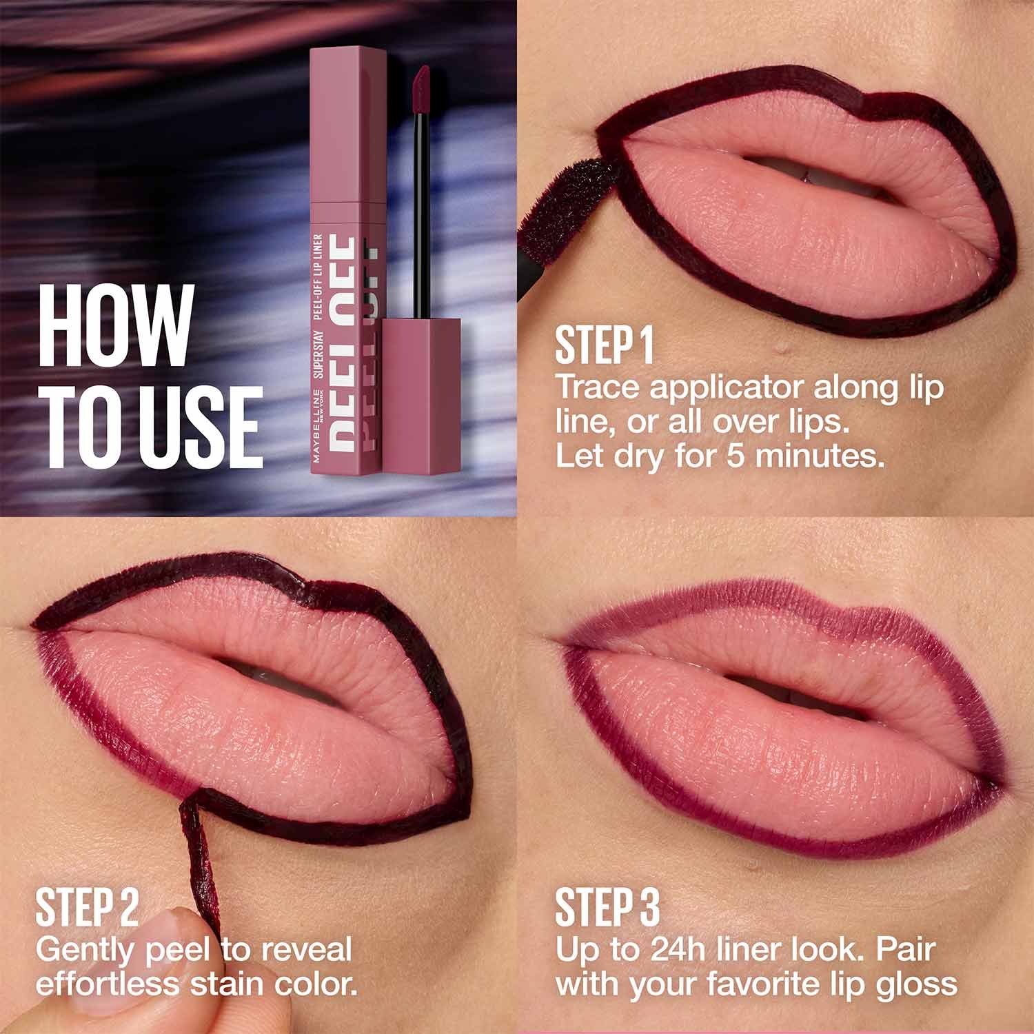 A how-to image showing the process of using Maybelline’s Super Stay Peel-Off Lip Liner