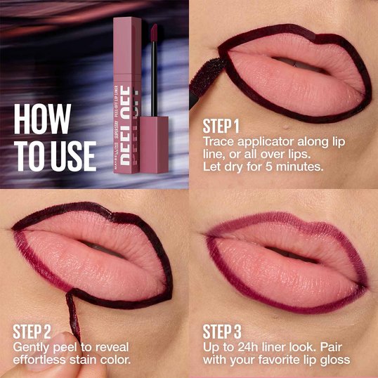 A how-to image showing the process of using Maybelline’s Super Stay Peel-Off Lip Liner
