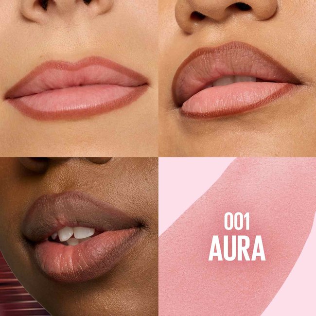 A promotional shot of 3 women’s lips, all using shade 001 ‘Aura’ of Maybelline’s Super Stay Peel off Lip Liner.