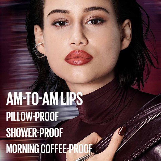 Promotional shot for Maybelline's Super Stay Peel-Off Lip Liner. Text reads: AM-TO-AM LIPS/ PILLOW-PROOF/ SHOWER-PROOF/ MORNING COFFEE-PROOF