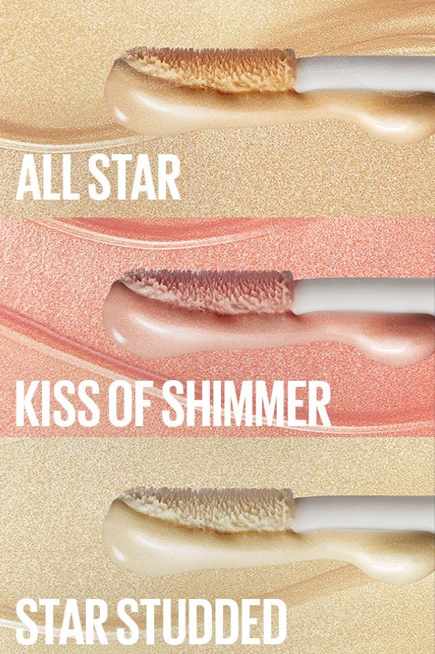 A promotional shot for 3 shades of Maybelline’s Sunkisser Highlighter. Shades included: ALL STAR, KISS OF SHIMMER, START STUDDED.