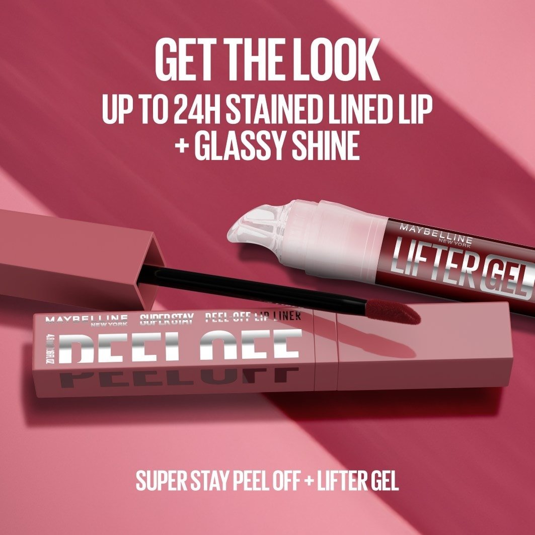 A promotional shot for Maybelline’s Super Stay Peel-Off Lip Liner. Text reads: GET THE LOOK/ UP TO 24H STAINED LIP + GLASSY SHINE/ SUPER STAY PEEL OFF + LIFTER GELL